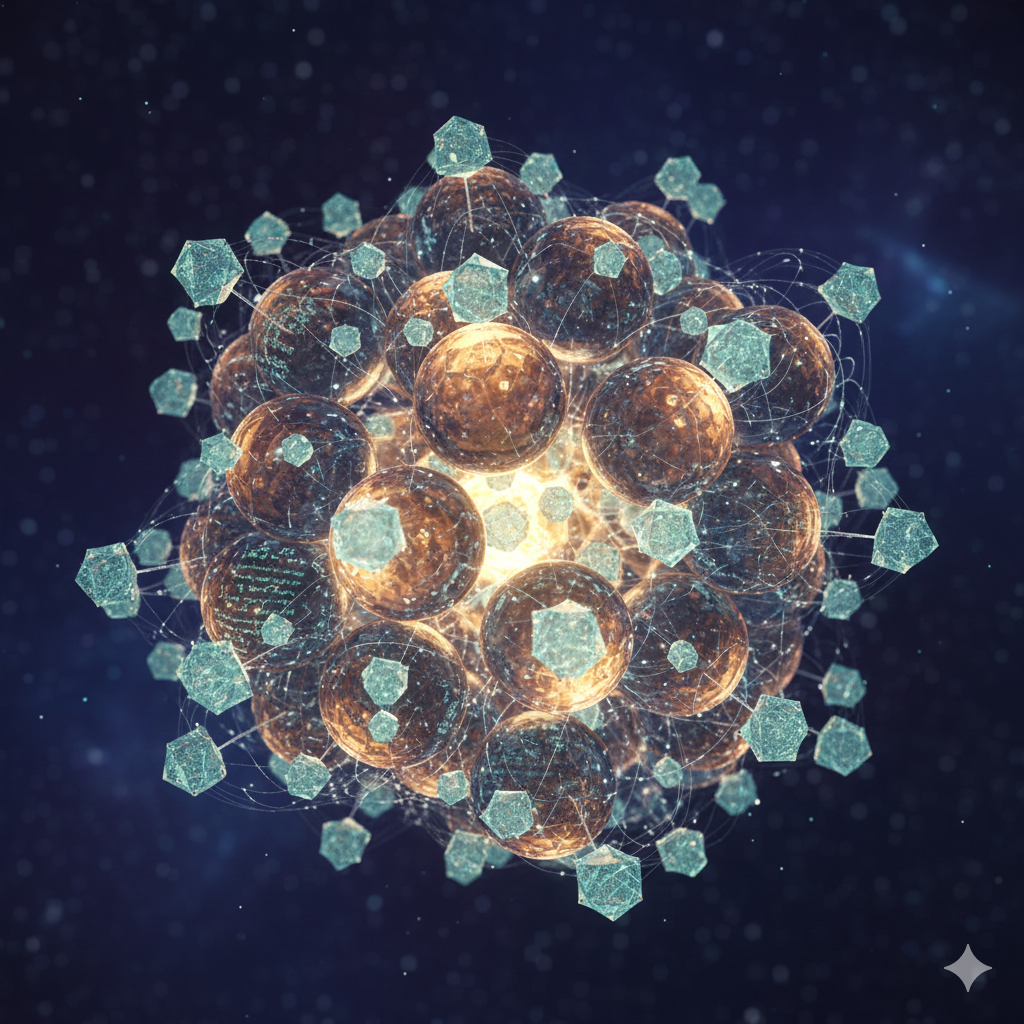 Figure 1: The Knowledge Foam. A 3D cluster of overlapping spheres representing the Base Manifold covered by an Atlas of Local Hilbert Spaces.