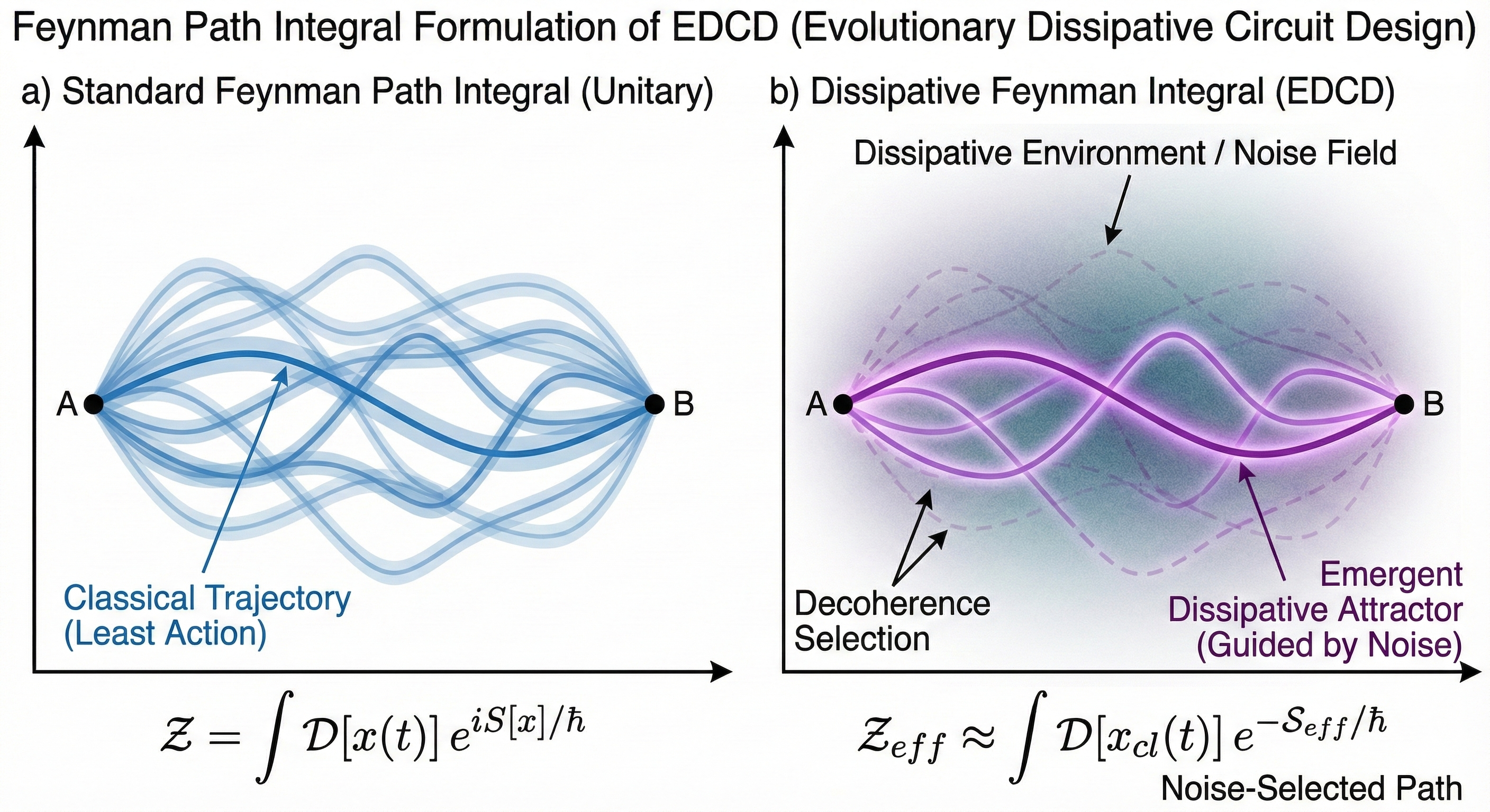 A visualization of the Feynman path integral formulation, showing a particle exploring all possible paths (wiggly lines) between two points.