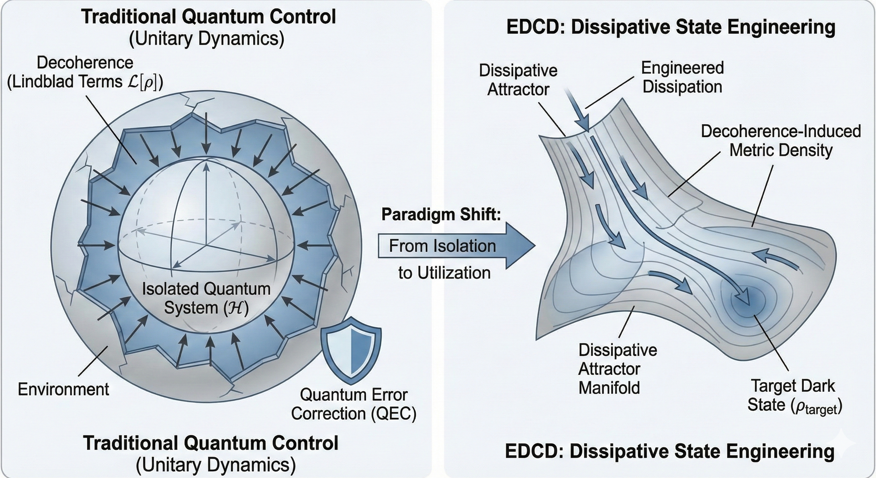 Diagram comparing Traditional Quantum Control with EDCD: Dissipative State Engineering.