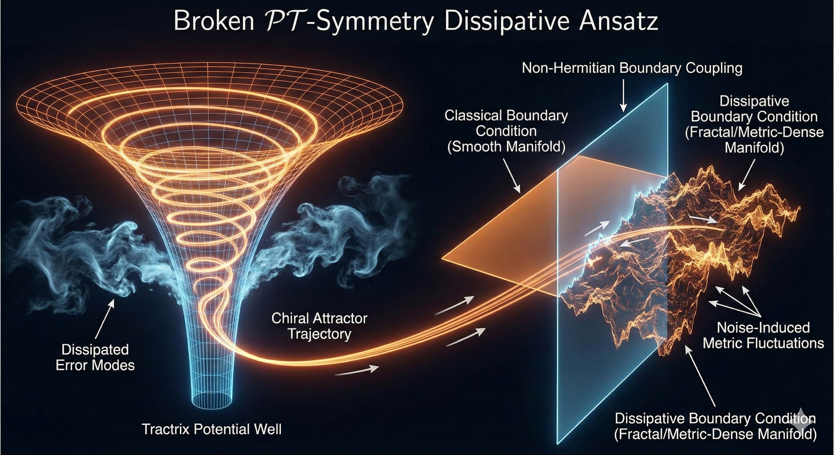 This is a conceptual illustration and not based on actual matter. It acts as an analogy for how the Chiral Chimera Ansatz acts as a "Mode Cleaner," preserving the core signal while dissipating asymmetric error modes.